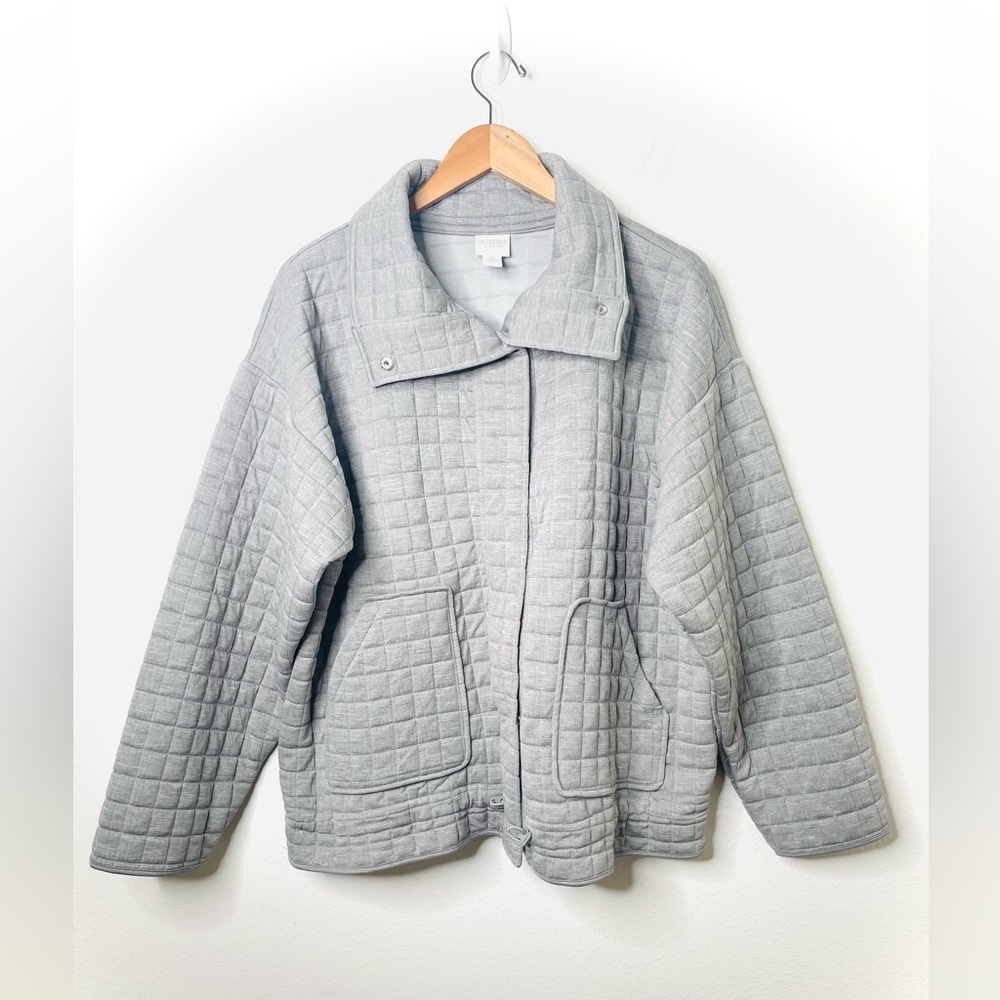 Chico's Jacket Womens Medium Quilted Coat Mid Hip Length Snap Quiet Luxury Gray
